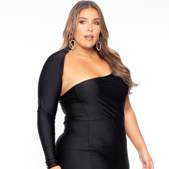 Curvy Sense spandex one shoulder gown in black - Picture 5 of 7